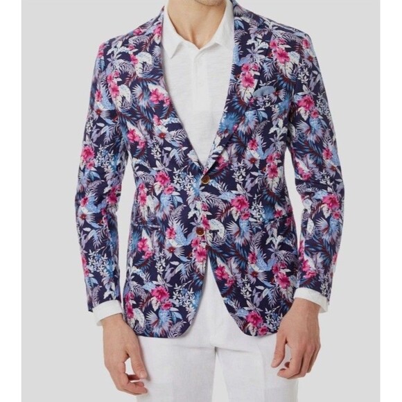 Tallia Blazer Mens Size 38R Blue Slim-Fit Floral Print Suit Jacket Linen Blend - Picture 2 of 11